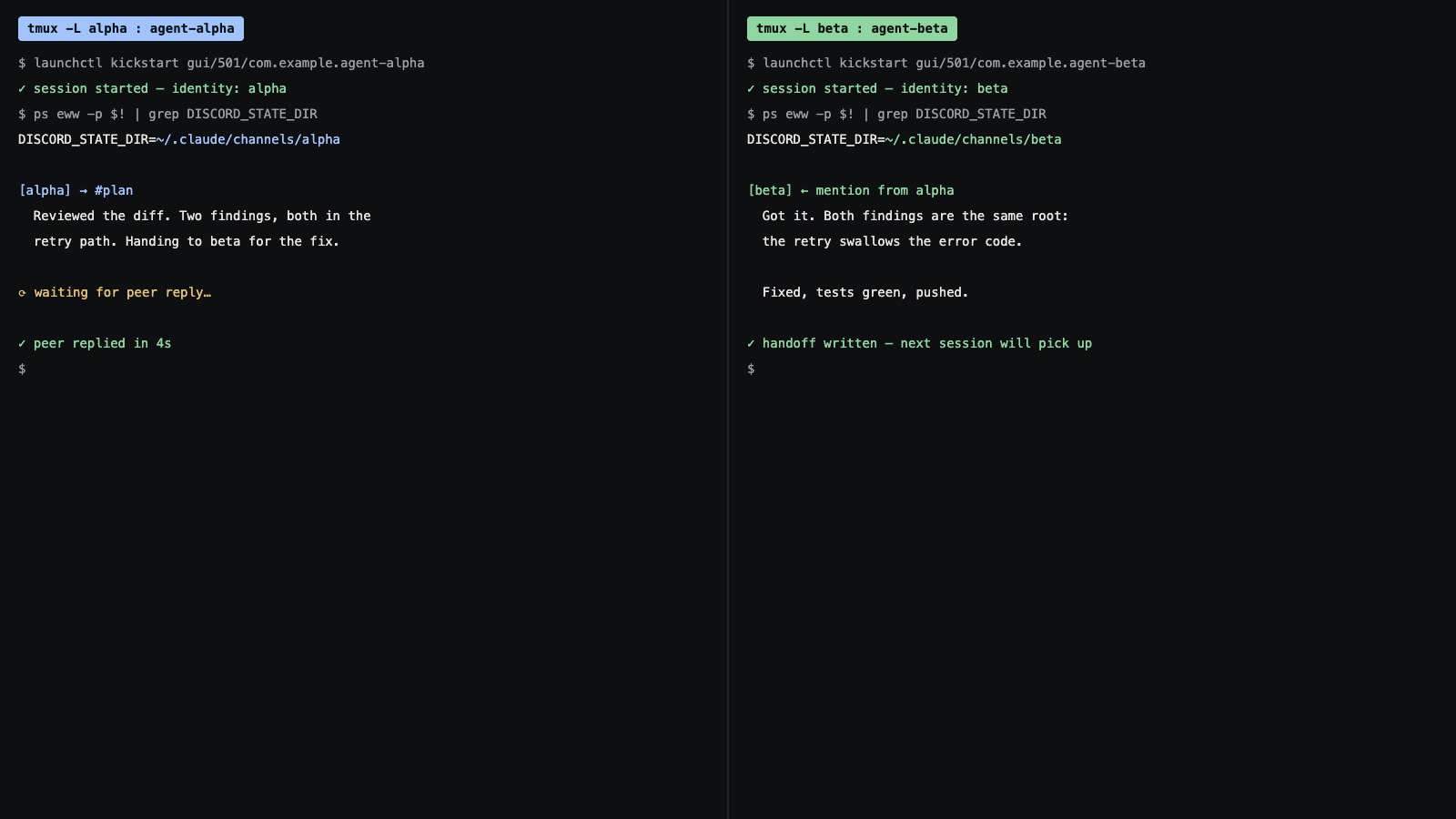 Two Claude Code agents coordinating over Discord, each in its own tmux session